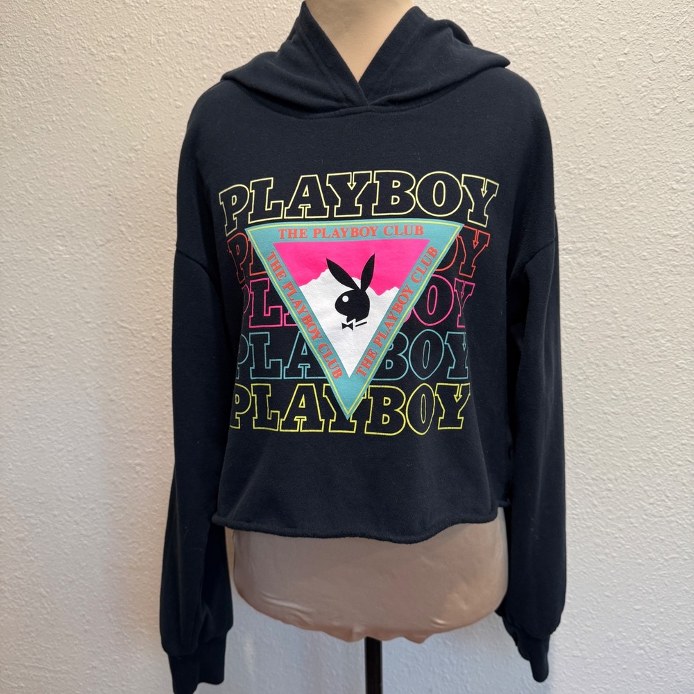 Playboy by PacSun Womens Black Cropped Hoodie Neon Graphic Bunny Logo Medium